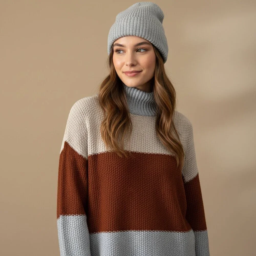 NWOT BiBi Retro Colorblock Turtleneck Oversized Sweater Size S